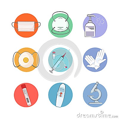 Covid-19. Microbiology. Set. Signs, stickers, icons. Vector Illustration